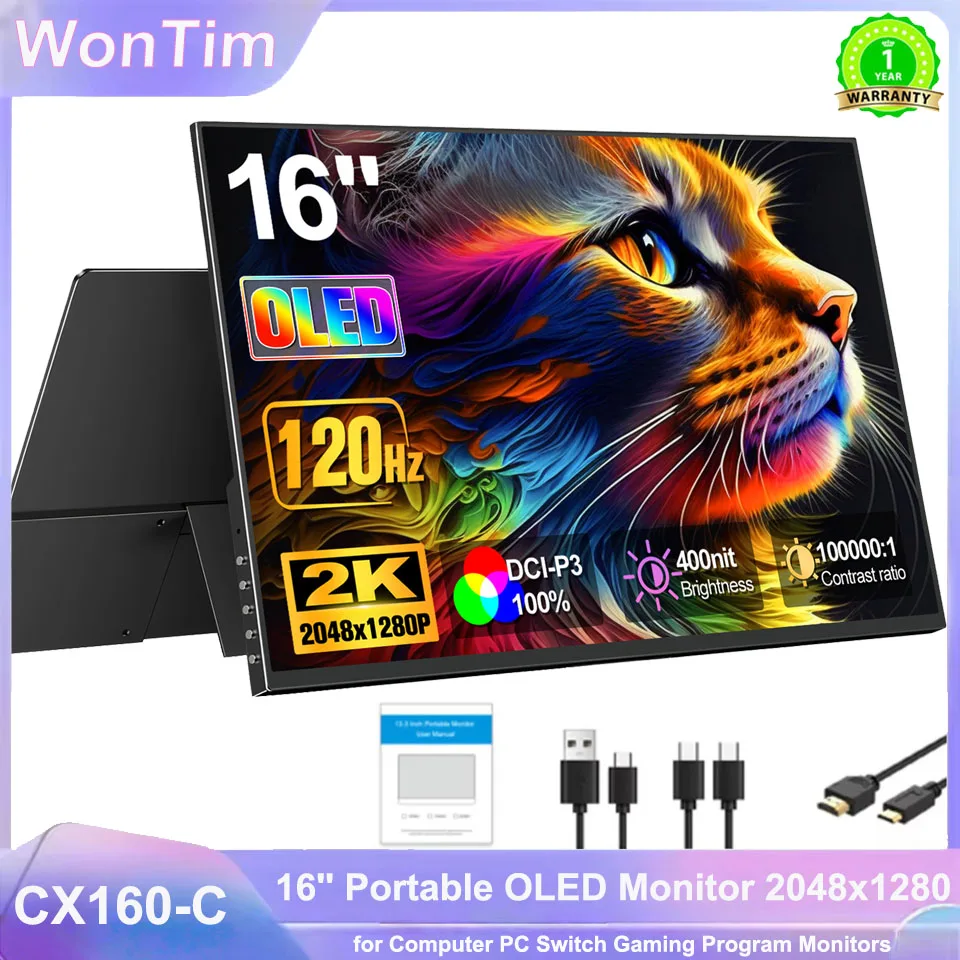 WonTim 16.0" 2K OLED 500Nits Portable Monitor 120Hz UHD DCI-P3 External Screen 149% sRGB USB C HDMI For Phone Laptop Mini PC PS4
WonTim 16.0" 2K OLED 500Nits Portable Monitor 120Hz UHD DCI-P3 External Screen 149% sRGB USB C HDMI For Phone Laptop Mini PC PS4