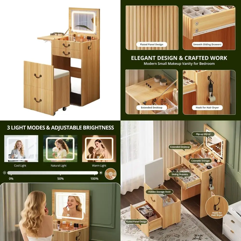 Туалетный столик 3-в-1 с зеркалом и подсветкой, компактный стол для макияжа с местом для хранения и выдвижным стулом, идеально подходит для небольших помещений в спальне
Туалетный столик 3-в-1 с зеркалом и подсветкой, компактный стол для макияжа с местом для хранения и выдвижным стулом, идеально подходит для небольших помещений в спальне
