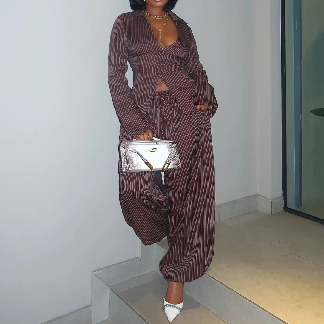 Pant Set Women Two Piece Sets Turn Down Collar Full Sleeve Shirt Striped Wide Leg Long Pants Elastic Waist Y2k Streetwear Casual
Pant Set Women Two Piece Sets Turn Down Collar Full Sleeve Shirt Striped Wide Leg Long Pants Elastic Waist Y2k Streetwear Casual