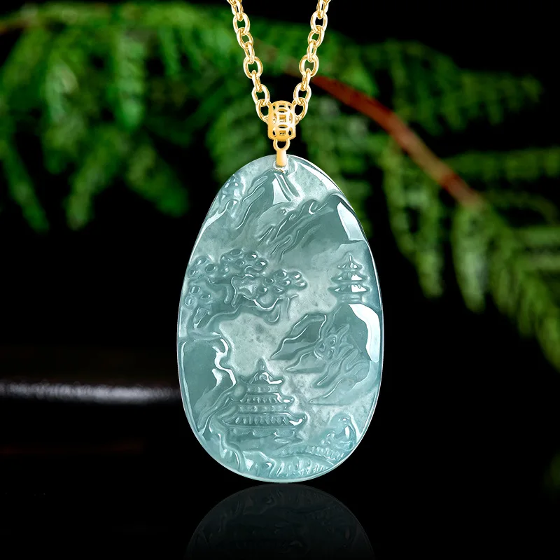18K Gold Inlaid Natural Jadeite Hand-made Engraving Blue Water Landscape Brand Pendant Fashion Couple Necklace Fine Jewelry Gift
18K Gold Inlaid Natural Jadeite Hand-made Engraving Blue Water Landscape Brand Pendant Fashion Couple Necklace Fine Jewelry Gift