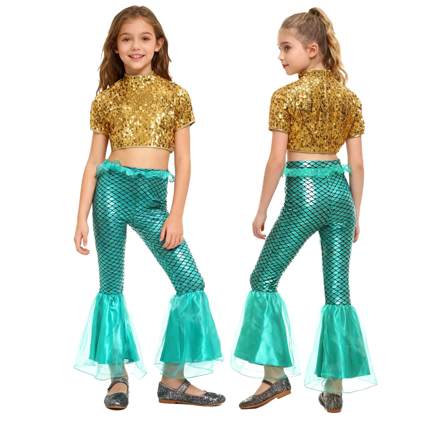 Girls Halloween Carnival Mermaid Queen of The Sea Cosplay Costume Short Sleeve Sequins Crop Top with Fish Scales Print Pants Set
Girls Halloween Carnival Mermaid Queen of The Sea Cosplay Costume Short Sleeve Sequins Crop Top with Fish Scales Print Pants Set