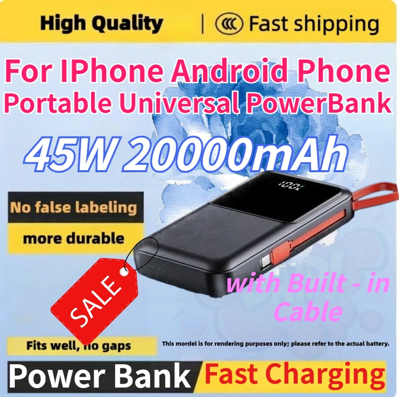 New 45W 20000mAh Fast Charging Power Bank with Built - in Cable for IPhone Android Phone Portable Universal PowerBank (CCC)
New 45W 20000mAh Fast Charging Power Bank with Built - in Cable for IPhone Android Phone Portable Universal PowerBank (CCC)