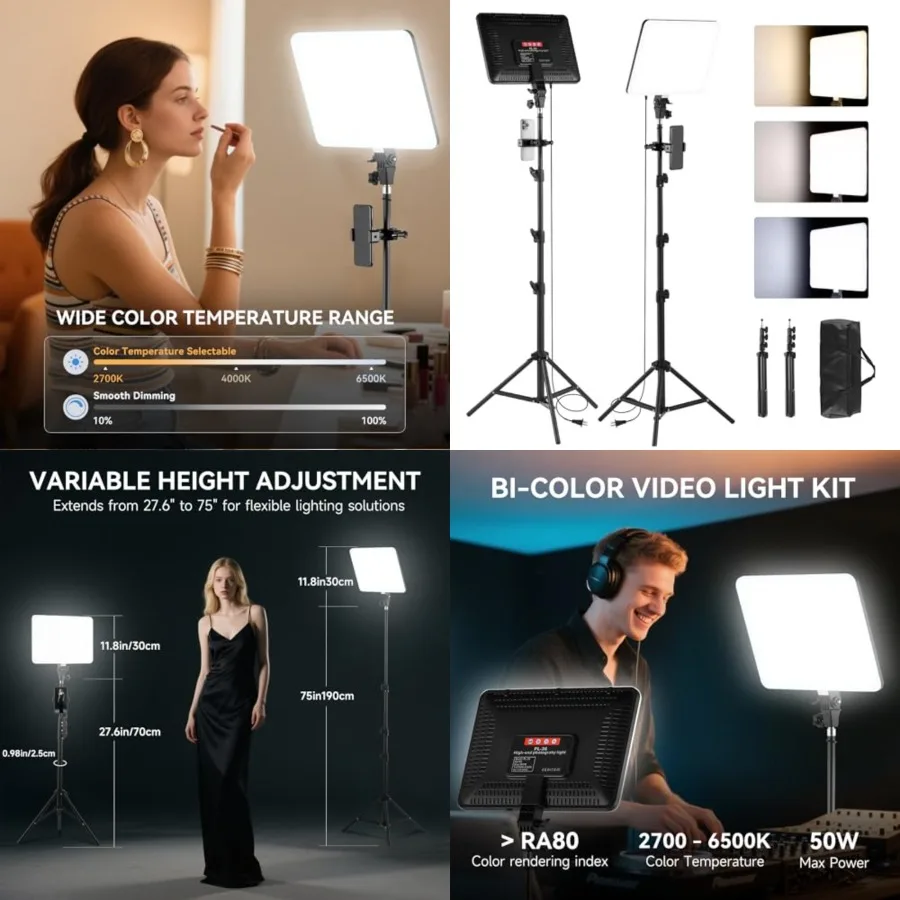 2-Pack LED Video Light Kit, 14" Studio Light with 75'' Tripod Stand and Phone Holder, 2700-6500k Dimmable Photography Lighting
2-Pack LED Video Light Kit, 14" Studio Light with 75'' Tripod Stand and Phone Holder, 2700-6500k Dimmable Photography Lighting