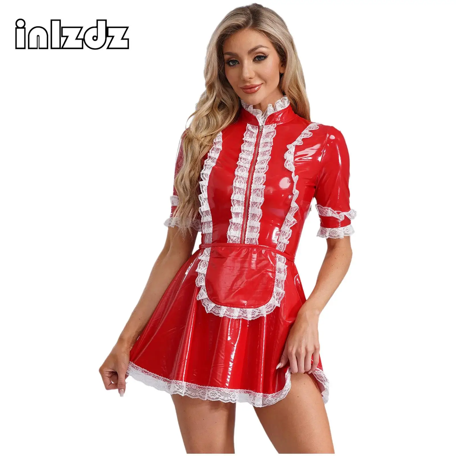 Womens French Maid Costume Outfits Ruffle Lace Trim Wet Look Faux Leather Mini Dress with Apron Sexy Teddy Babydoll Clubwear
Womens French Maid Costume Outfits Ruffle Lace Trim Wet Look Faux Leather Mini Dress with Apron Sexy Teddy Babydoll Clubwear