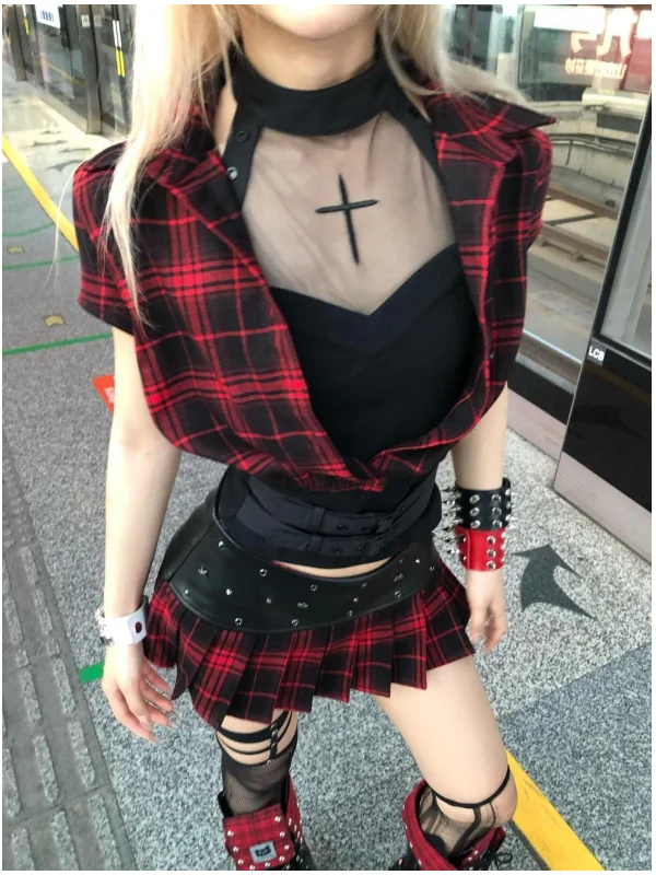 Gothic Sle Cross Nelace Top Red Plaid Leather Patchwork Skirt Tee Piece Set Women's Faion Outerwear ort Sve ...
Gothic Sle Cross Nelace Top Red Plaid Leather Patchwork Skirt Tee Piece Set Women's Faion Outerwear ort Sve ...