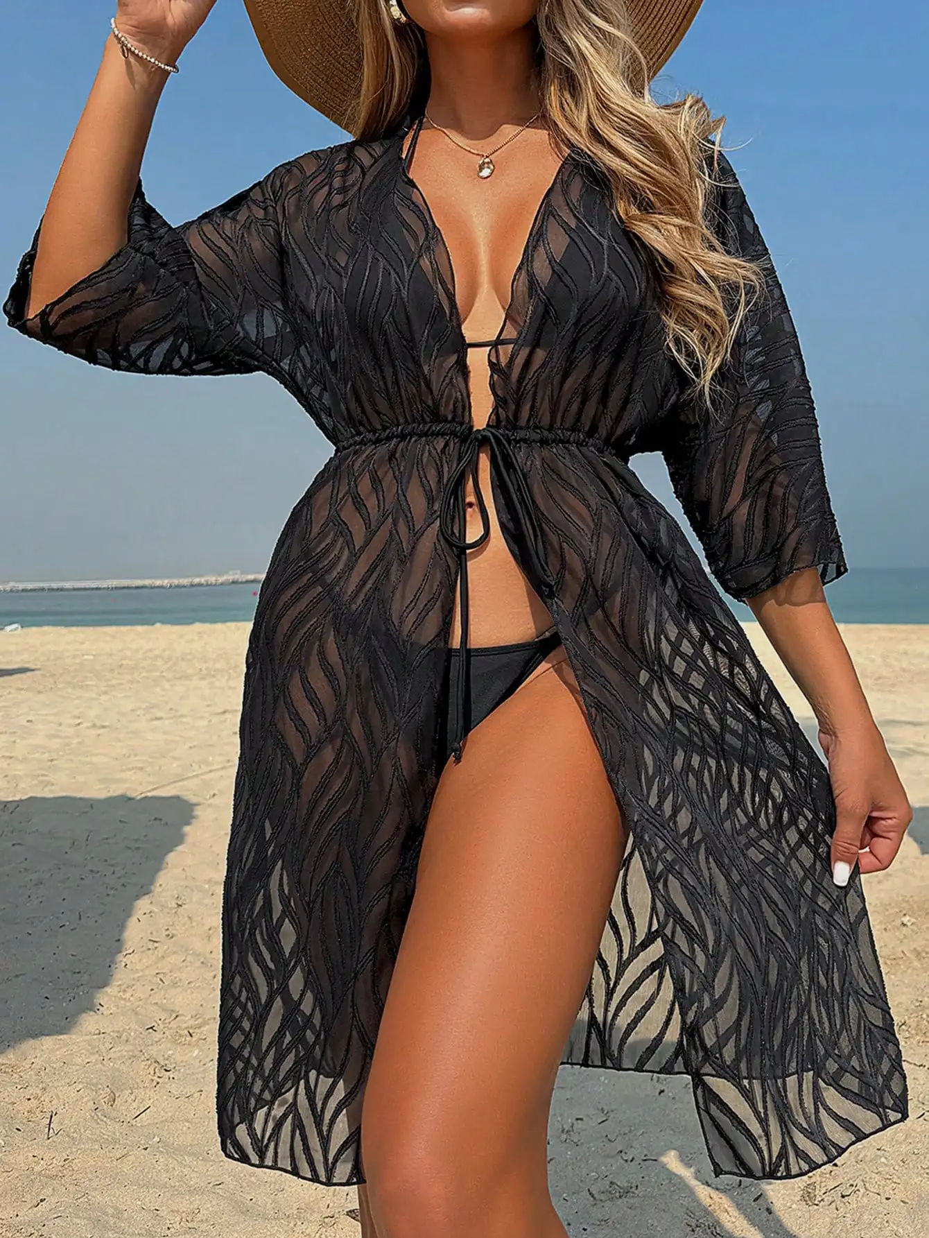 Womens Jacquard Sheer Beach Cover-Up With Waist Tie Black Summer
Womens Jacquard Sheer Beach Cover-Up With Waist Tie Black Summer