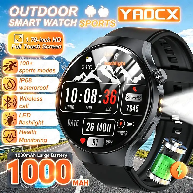 2026 New Military 1000mAh Battery Smart Watch Men Outdoor Flashlight IP68 Waterproof Heart Rate Bluetooth Call Sports Bracelets
2026 New Military 1000mAh Battery Smart Watch Men Outdoor Flashlight IP68 Waterproof Heart Rate Bluetooth Call Sports Bracelets