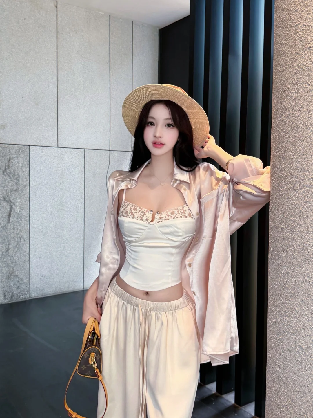 Champagne Color Satin Long Sleeve Sun Protection Shirt Lace Vest Set Women Summer Pure Desire Wide Leg Pants Three Piece Set
Champagne Color Satin Long Sleeve Sun Protection Shirt Lace Vest Set Women Summer Pure Desire Wide Leg Pants Three Piece Set