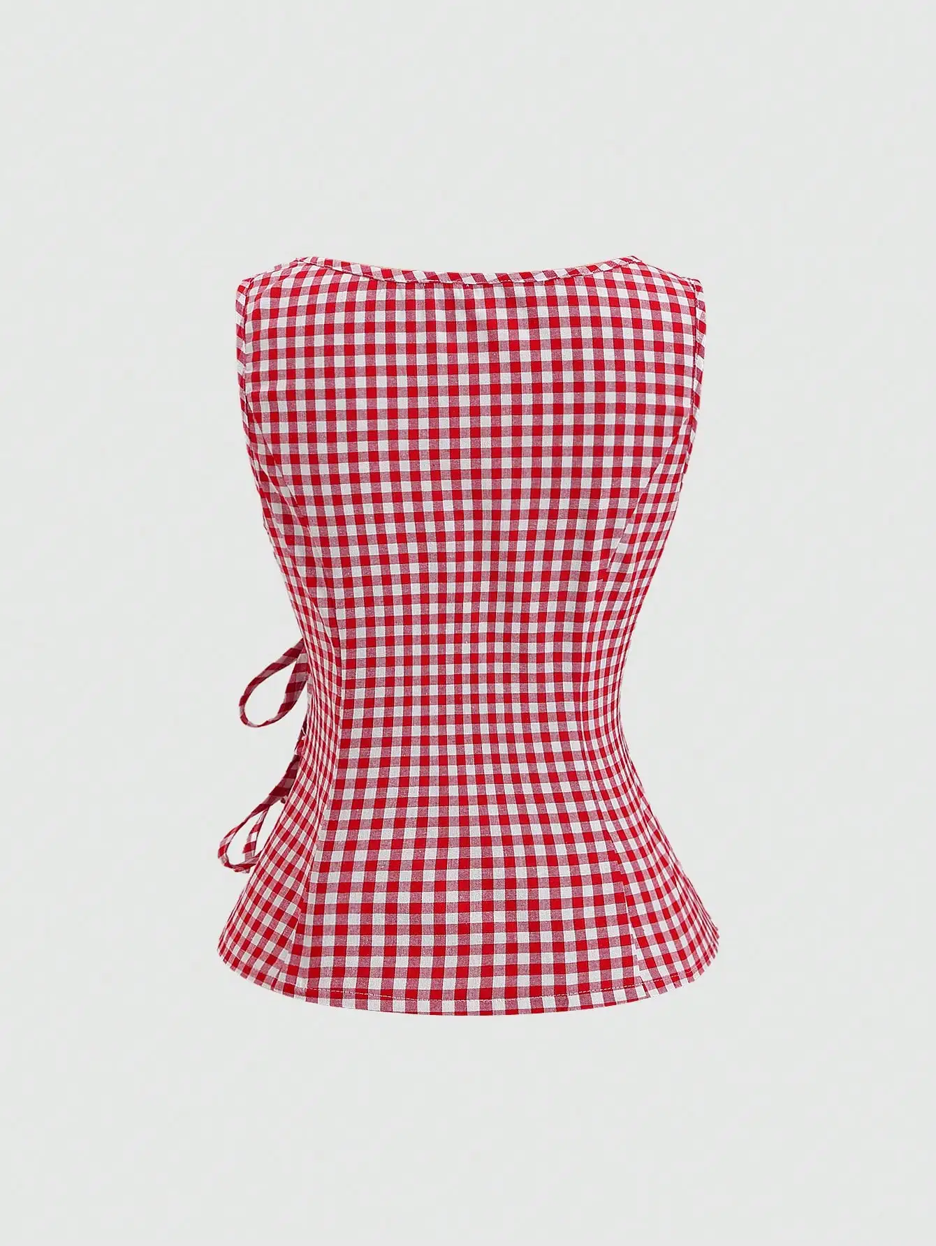 Red White Gingham Sleeveless Blouse With Tie-Up Side Slim Fit O-Neck Summer Top For Women
Red White Gingham Sleeveless Blouse With Tie-Up Side Slim Fit O-Neck Summer Top For Women