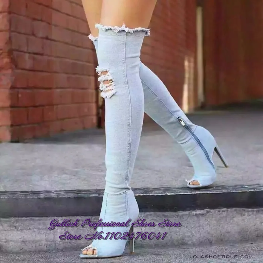 Women Sexy Denim Over-the-knee Long Boots Peep Toe Blue Jeans Retro Ripped Cut-out Thigh High Boots Stiletto Heels Shoes Size46
Women Sexy Denim Over-the-knee Long Boots Peep Toe Blue Jeans Retro Ripped Cut-out Thigh High Boots Stiletto Heels Shoes Size46