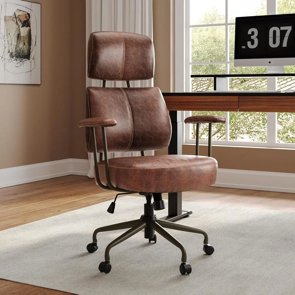 Brown Leather Executive Office Chair with Lumbar Support, Adjustable Seat, and Swivel Wheels
Brown Leather Executive Office Chair with Lumbar Support, Adjustable Seat, and Swivel Wheels