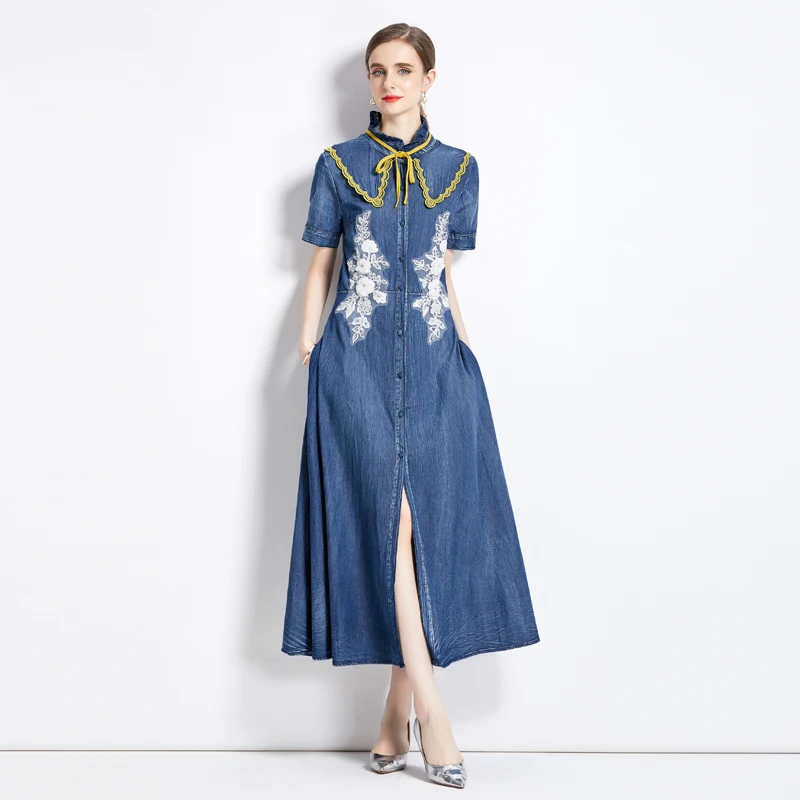 Runway Designer High Quality Women Summer Denim Fashion Ruffled Collar Short Sleeve Shirt Dress A Line Casual Holiday PartyRobes
Runway Designer High Quality Women Summer Denim Fashion Ruffled Collar Short Sleeve Shirt Dress A Line Casual Holiday PartyRobes