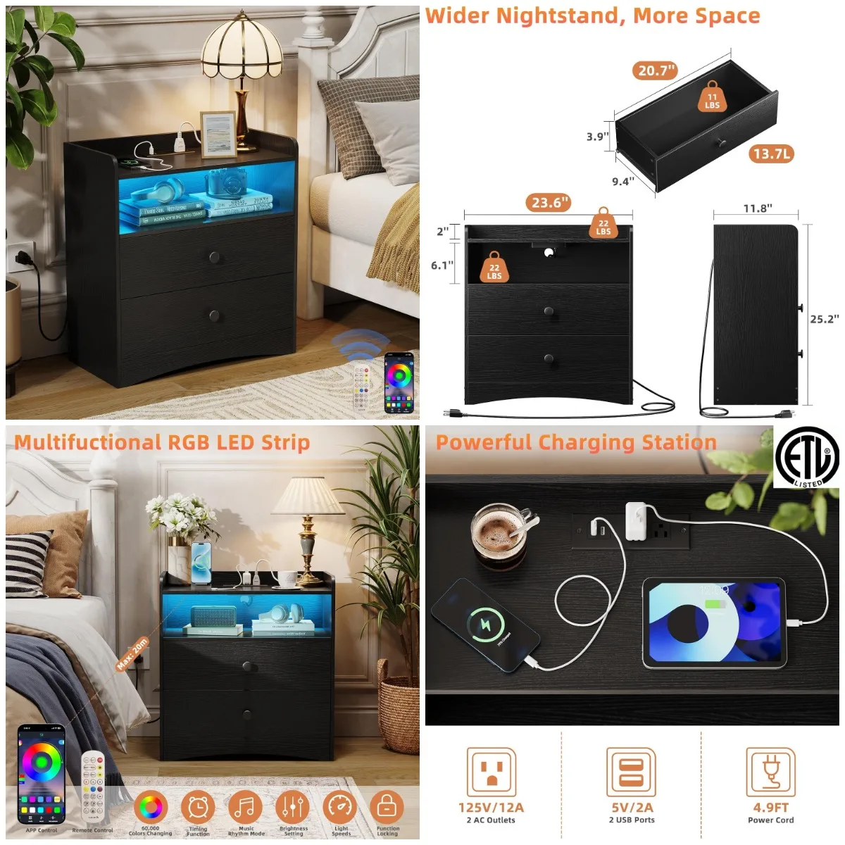 Modern Nightstand with Charging Station, USB & Outlets, LED Light, 2 Drawers, Black
Modern Nightstand with Charging Station, USB & Outlets, LED Light, 2 Drawers, Black