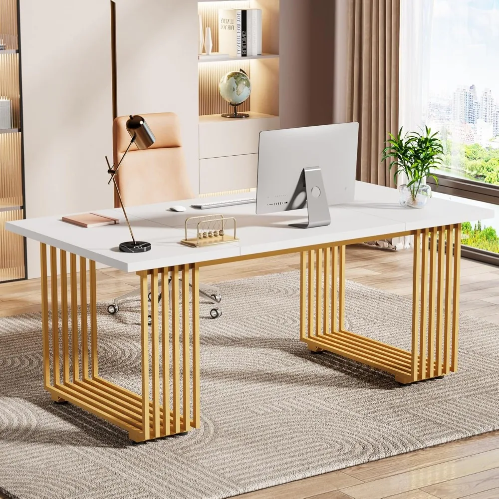 70.9" Modern Office Desk, Wooden Computer Desk, White Executive Desk with Gold Metal Legs, Large Workstation for Home
70.9" Modern Office Desk, Wooden Computer Desk, White Executive Desk with Gold Metal Legs, Large Workstation for Home