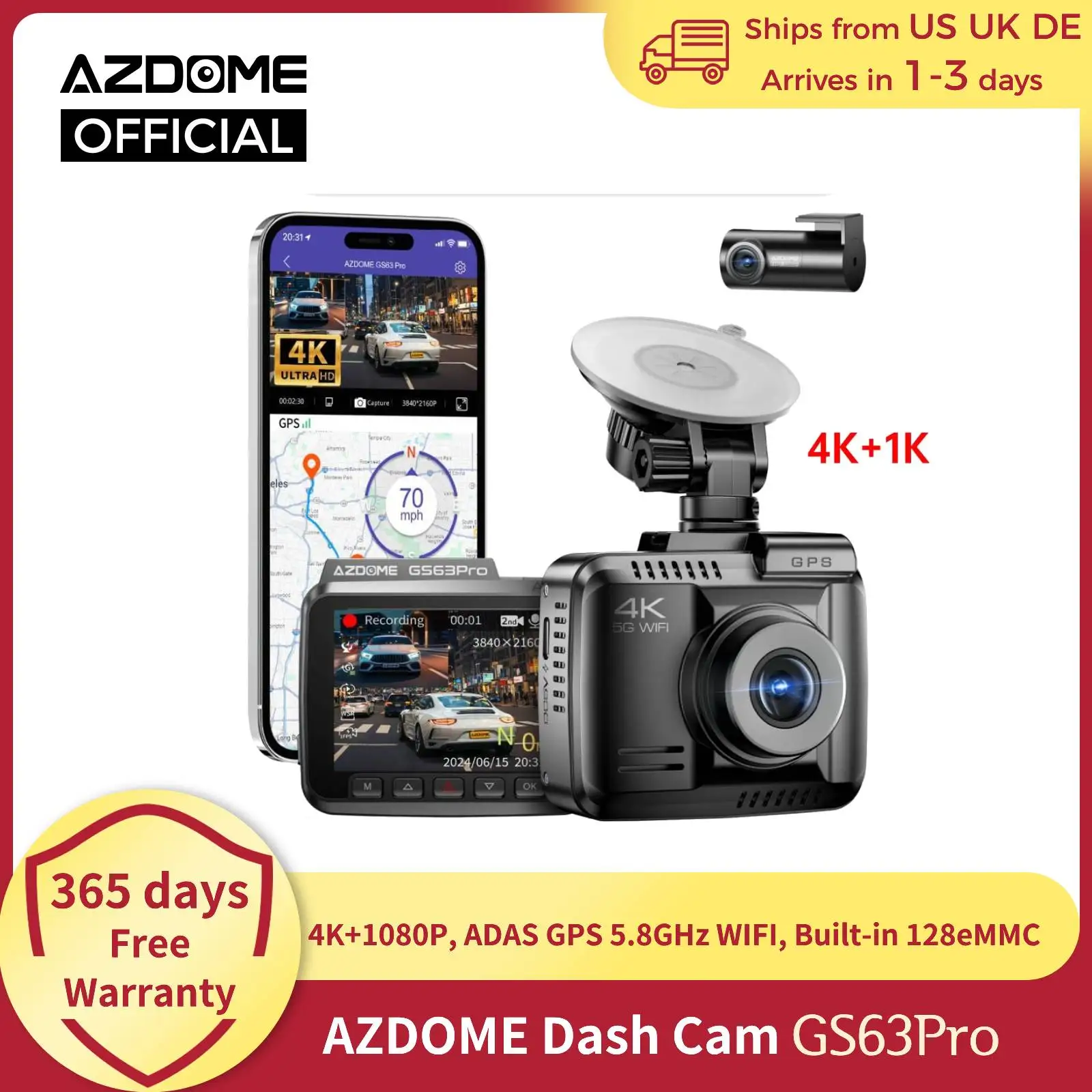 AZDOME Dash Cam GS63Pro 4K+1080P ADAS GPS 5.8GHz WIFI Car DVR Built-in 128eMMC Night Vision 24H Parking Monitor Support Rear Cam
AZDOME Dash Cam GS63Pro 4K+1080P ADAS GPS 5.8GHz WIFI Car DVR Built-in 128eMMC Night Vision 24H Parking Monitor Support Rear Cam