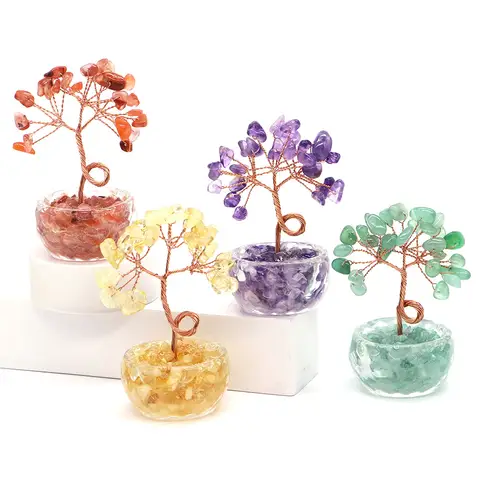 76mm Crystal Money Tree Potted Plant Style Natural Stones Citrine Amethyst Quartz Red Agate Chakra Gemstone Feng Shui Home Decor