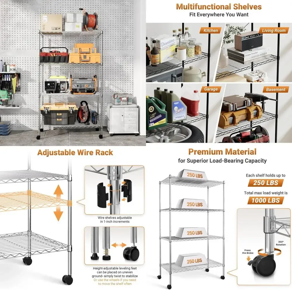 Промышленный 4-х уровневый стальной стеллаж с колесами, регулируемый, вмещает 1400 фунтов, хромированная отделка
Промышленный 4-х уровневый стальной стеллаж с колесами, регулируемый, вмещает 1400 фунтов, хромированная отделка