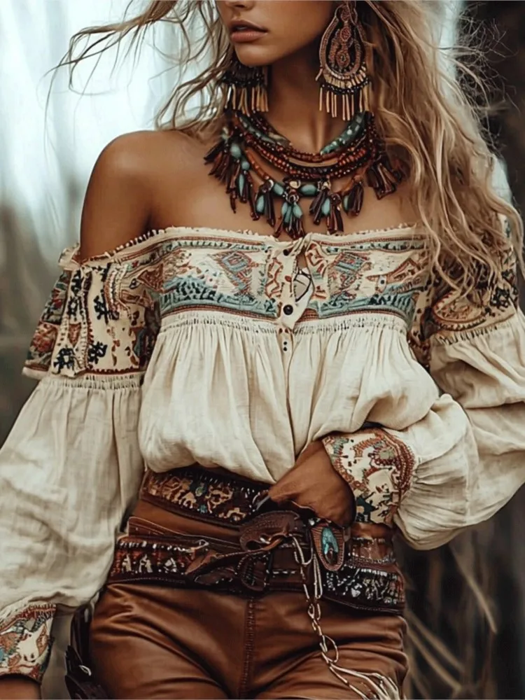 Chic Bohemian Off Shoulder Blouse with Ethnic Style Prints Lantern Sleeves Single Breasted Shirts for Summer Autumn Casual Tops
Chic Bohemian Off Shoulder Blouse with Ethnic Style Prints Lantern Sleeves Single Breasted Shirts for Summer Autumn Casual Tops