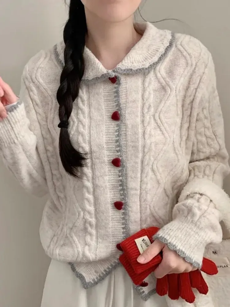 Chic Korean Style Sweet Heart Shaped Lazy Girl Sweater Knitted Cardigan Doll Collar Vintage Twist Spring Autumn Winter Top
Chic Korean Style Sweet Heart Shaped Lazy Girl Sweater Knitted Cardigan Doll Collar Vintage Twist Spring Autumn Winter Top