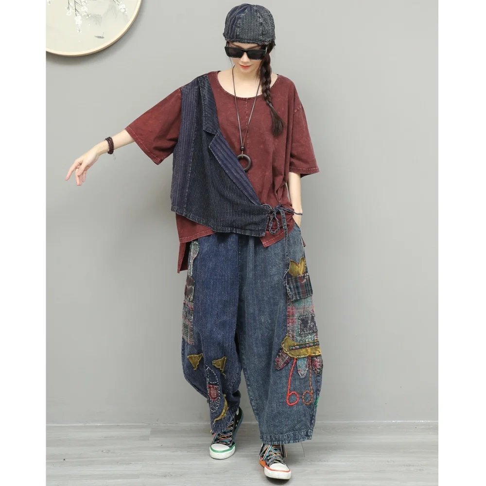 Vintage-style Unique Fabric Suit Women 2026 Summer Patchwork Short-sleeve T-shirt + Loose Pant Two Piece Set XY108
Vintage-style Unique Fabric Suit Women 2026 Summer Patchwork Short-sleeve T-shirt + Loose Pant Two Piece Set XY108