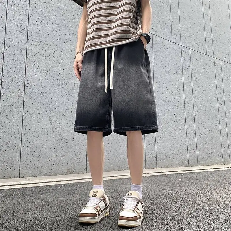 Men's Denim Shorts Black Gray Gradient Loose Straight Leg Knee Length Jeans Elastic Waist Tie Belt Trousers
Men's Denim Shorts Black Gray Gradient Loose Straight Leg Knee Length Jeans Elastic Waist Tie Belt Trousers