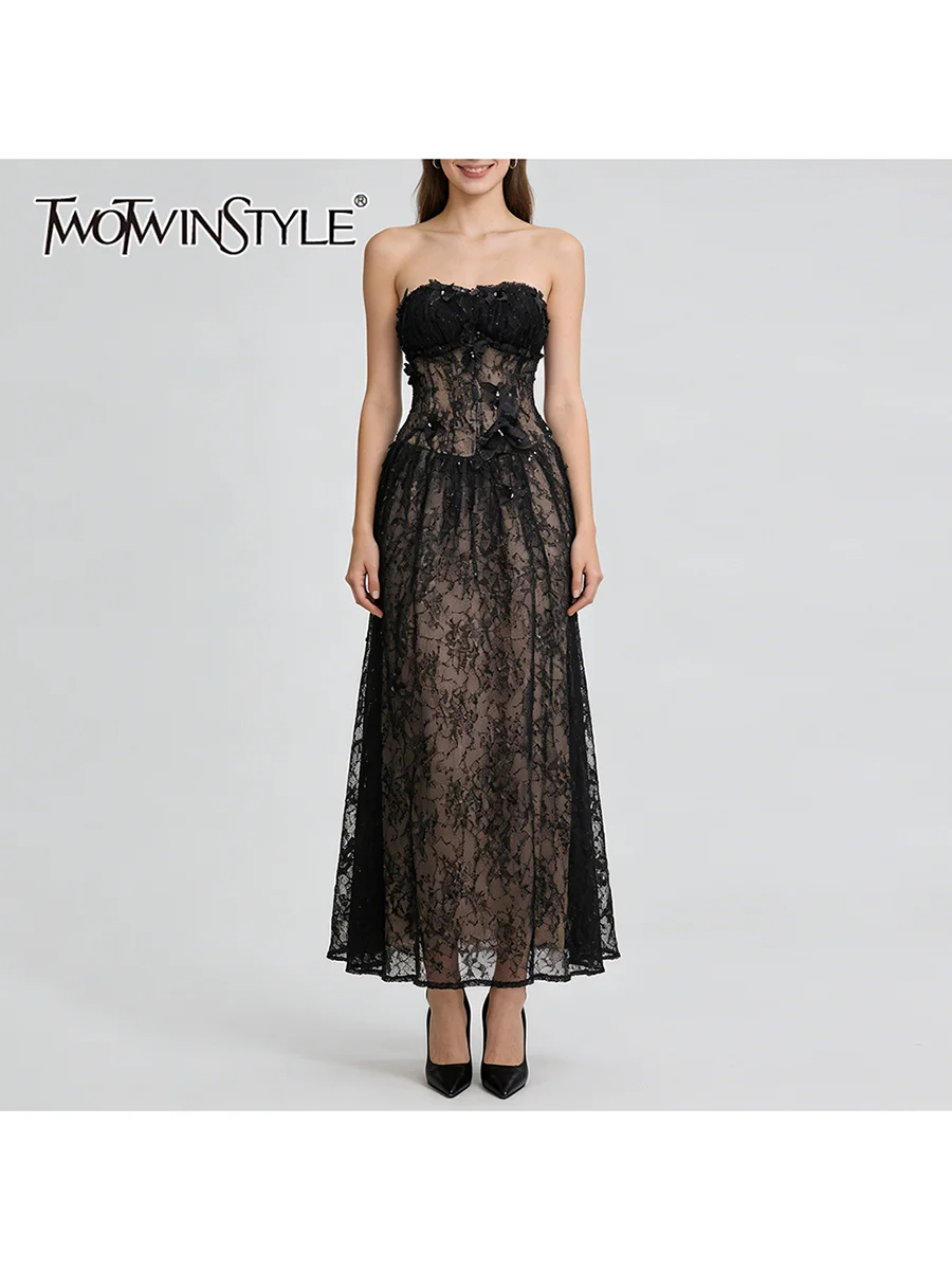 TWOTWINSTYLE Patchwork Mesh Lace Dresses for Women Strapless Sleeveless High Waist Elegant A Line Dress Female Fashion Clothing
TWOTWINSTYLE Patchwork Mesh Lace Dresses for Women Strapless Sleeveless High Waist Elegant A Line Dress Female Fashion Clothing