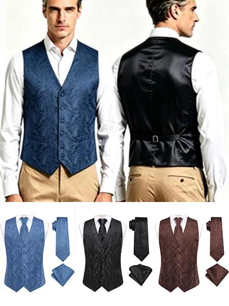 Men's Jacquard Vest 3-Piece Set with Vest, Tie & Pocket Square, Colors: Blue, Pink, Apricot, Brown, Black for Formal Events
Men's Jacquard Vest 3-Piece Set with Vest, Tie & Pocket Square, Colors: Blue, Pink, Apricot, Brown, Black for Formal Events