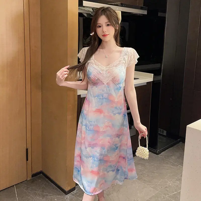 Women's Summer Camisole Nightgown Sweet Beauty Style Lace Jumpsuit Pajamas Spicy Waist Cinched Home Clothe Medium Long Nightgown
Women's Summer Camisole Nightgown Sweet Beauty Style Lace Jumpsuit Pajamas Spicy Waist Cinched Home Clothe Medium Long Nightgown