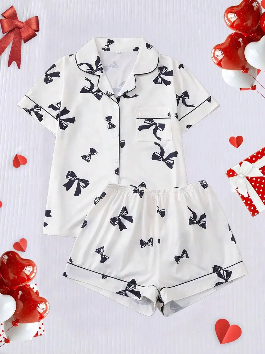 Womens Bowknot Print Short Sleeve Lapel Pajama Set Loose Elastic Shorts Sleepwear Homewear
Womens Bowknot Print Short Sleeve Lapel Pajama Set Loose Elastic Shorts Sleepwear Homewear
