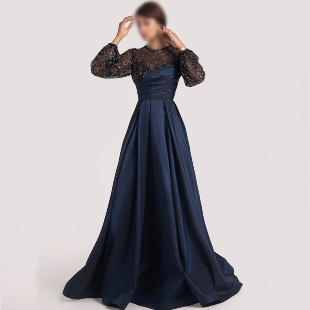 Customized Yipeisha Navy Blue Simple Satin Evening Dresses Sparkly Sequined O-neck See-through Long Sleeves A-line vestidos de f
Customized Yipeisha Navy Blue Simple Satin Evening Dresses Sparkly Sequined O-neck See-through Long Sleeves A-line vestidos de f