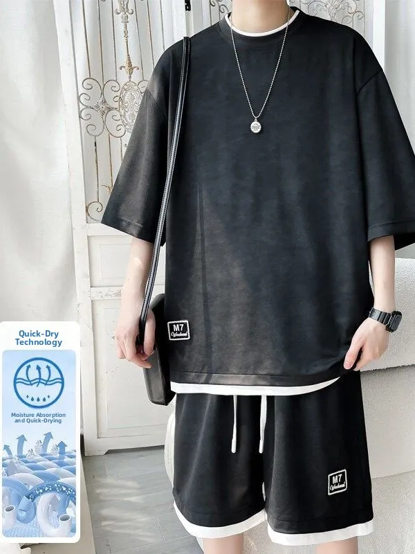 American Style Dyed Ice Silk Sports Suit Men's Summer Loose Short Sleeve Shorts Two Piece Set Casual Wear Teen Boys
American Style Dyed Ice Silk Sports Suit Men's Summer Loose Short Sleeve Shorts Two Piece Set Casual Wear Teen Boys