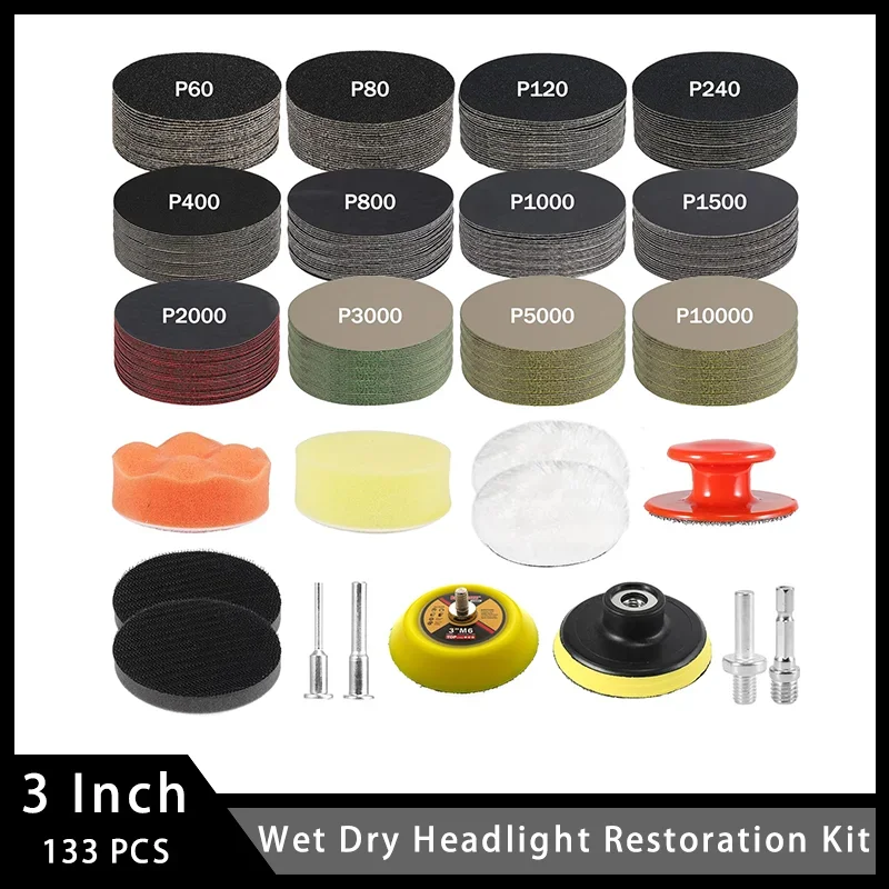 3 Inch Wet Dry Headlight Restoration Kit 133 Pcs Hook and Loop Sandpaper for Polishing and Sanding Wood Stone Lacquer Surface
3 Inch Wet Dry Headlight Restoration Kit 133 Pcs Hook and Loop Sandpaper for Polishing and Sanding Wood Stone Lacquer Surface