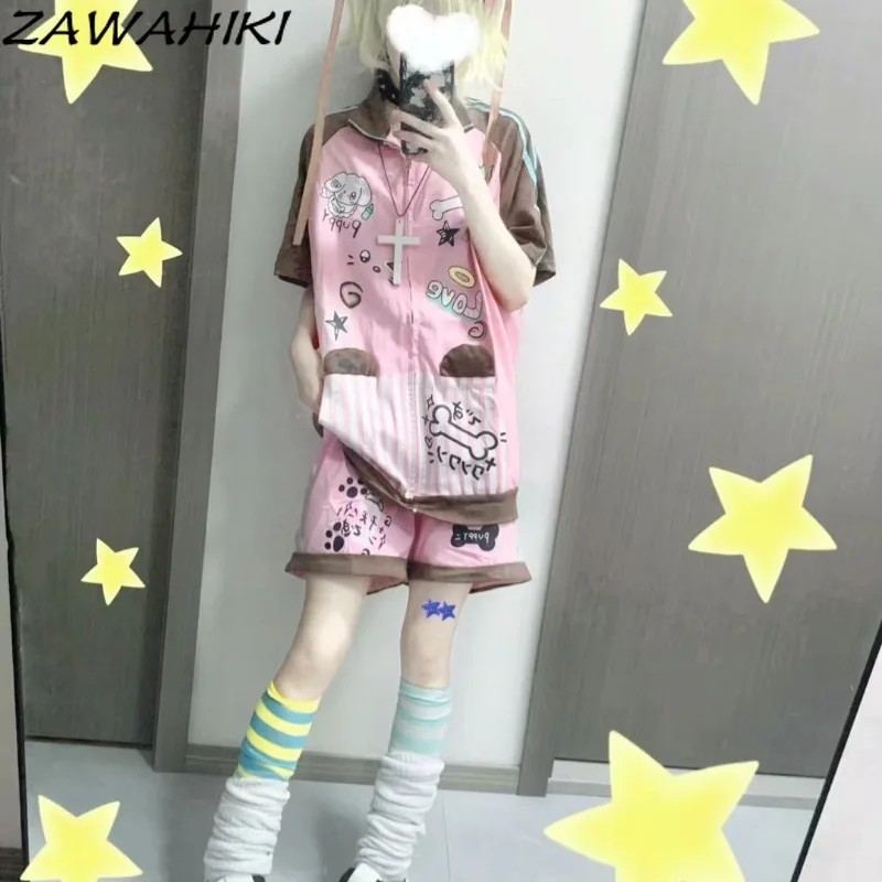 Japanese Two Piece Set Women Contrast Color Striped Women's T-shirts + Kawaii Cartoon Print Shorts Preppy Sweet Cute Ropa Mujer
Japanese Two Piece Set Women Contrast Color Striped Women's T-shirts + Kawaii Cartoon Print Shorts Preppy Sweet Cute Ropa Mujer