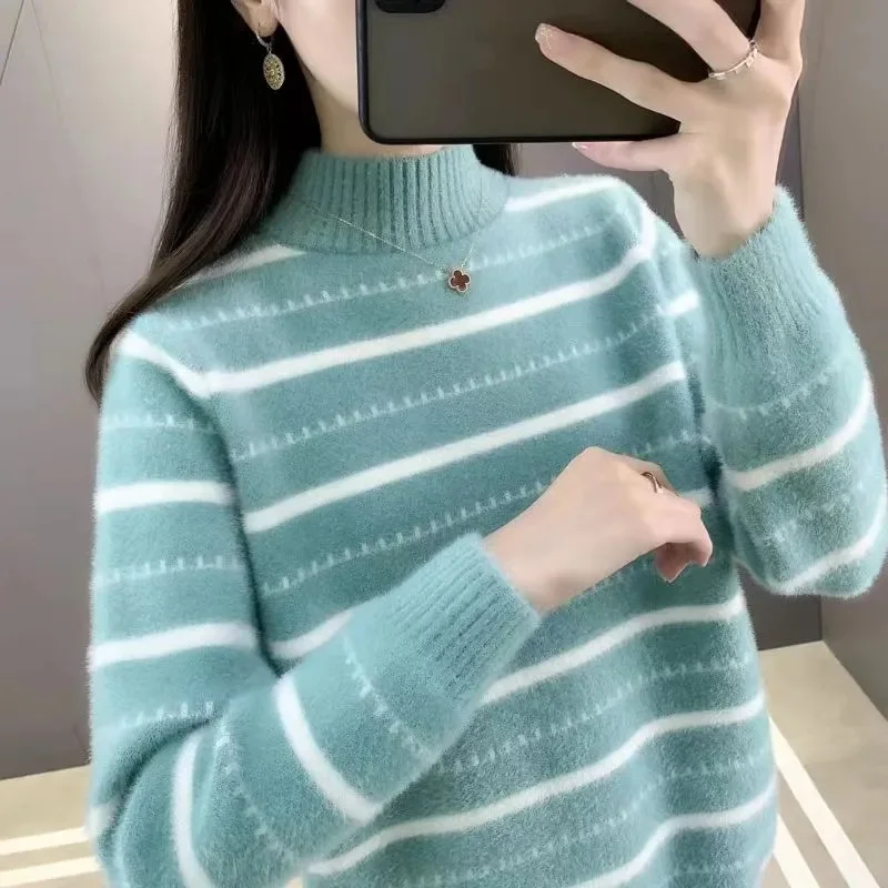 Mink Velvet Knitwear Ladies Pullover Sweater Women's Autumn Winter New Coat Add Velvet Padded Striped Bottoming Shirt Loose Tops
Mink Velvet Knitwear Ladies Pullover Sweater Women's Autumn Winter New Coat Add Velvet Padded Striped Bottoming Shirt Loose Tops
