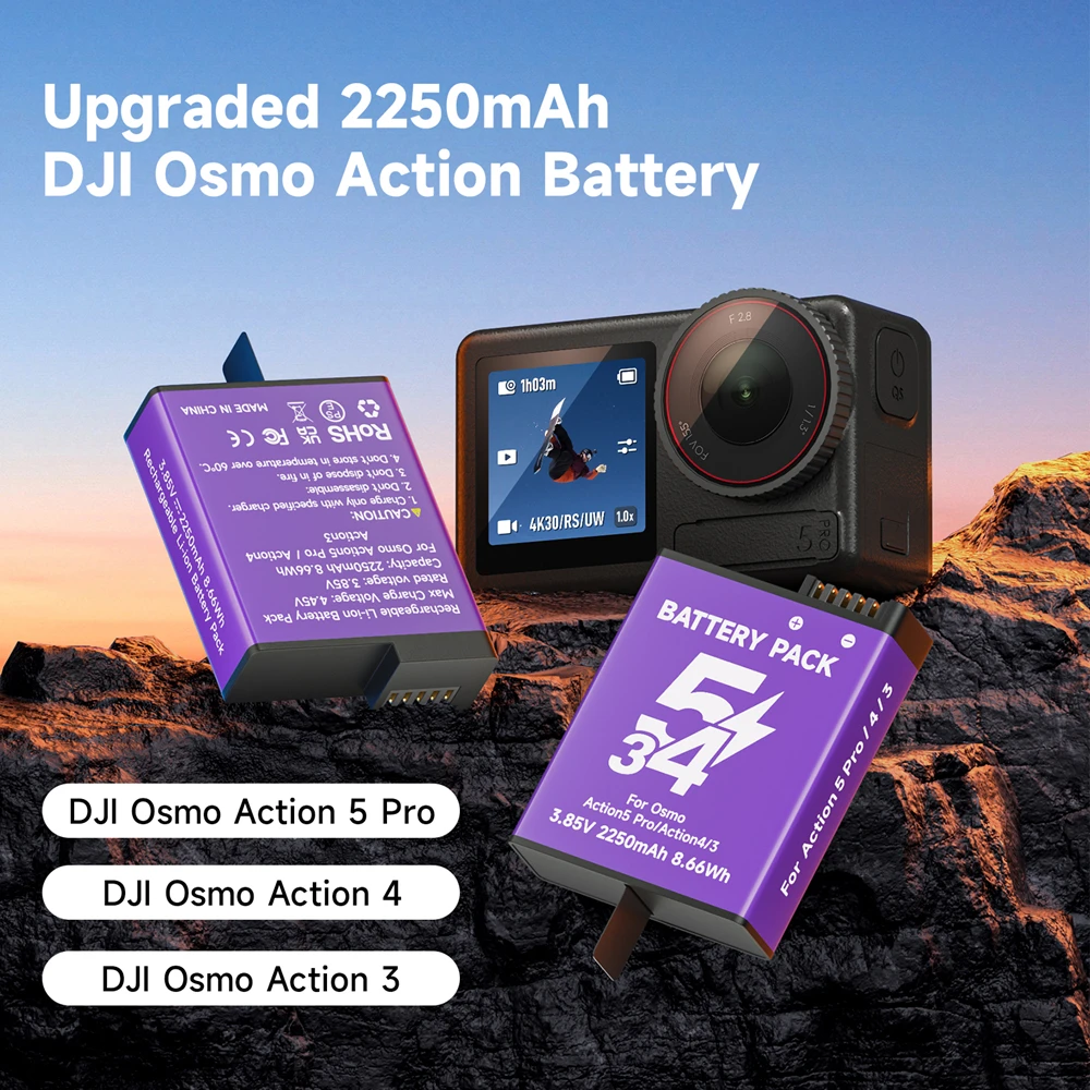 2250mAh for DJI Osmo Action 5 Pro Battery Action 4 3 Camera Batteries + Fast Charge Charger for DJI Action 5 Pro/4/3 Accessories
2250mAh for DJI Osmo Action 5 Pro Battery Action 4 3 Camera Batteries + Fast Charge Charger for DJI Action 5 Pro/4/3 Accessories