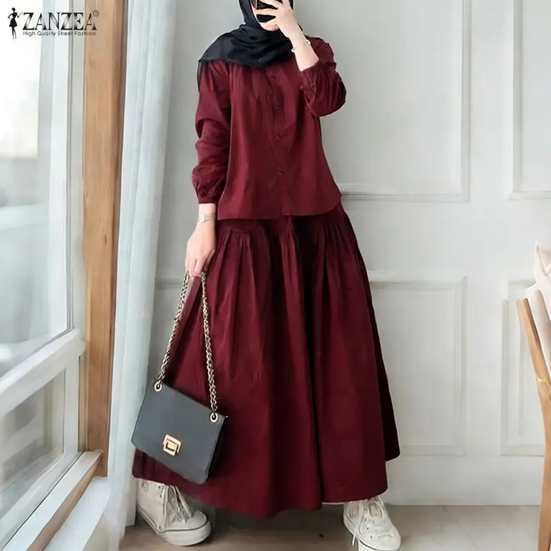 Women Muslim 2 Piece Sets 2026 ZANZEA Summer O Neck Long Sleeve Top Shirt Dress Sets Ramadan Outfit Solid Color Work Skirt Suit
Women Muslim 2 Piece Sets 2026 ZANZEA Summer O Neck Long Sleeve Top Shirt Dress Sets Ramadan Outfit Solid Color Work Skirt Suit