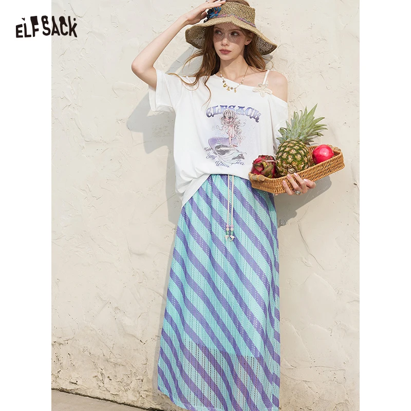 ELFSACK Women's Off Shoulder White Tee and Midi Knit Skirt Set, Graphic Print T-Shirt with Striped Dress for Summer, Chic Suit
ELFSACK Women's Off Shoulder White Tee and Midi Knit Skirt Set, Graphic Print T-Shirt with Striped Dress for Summer, Chic Suit
