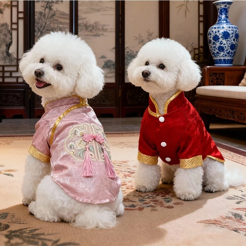 Chinese Style Pet Cheongsam, Embroidered Tassel Dog Clothing with Gold Trim, Traditional Festive Apparel for Small Dogs
Chinese Style Pet Cheongsam, Embroidered Tassel Dog Clothing with Gold Trim, Traditional Festive Apparel for Small Dogs