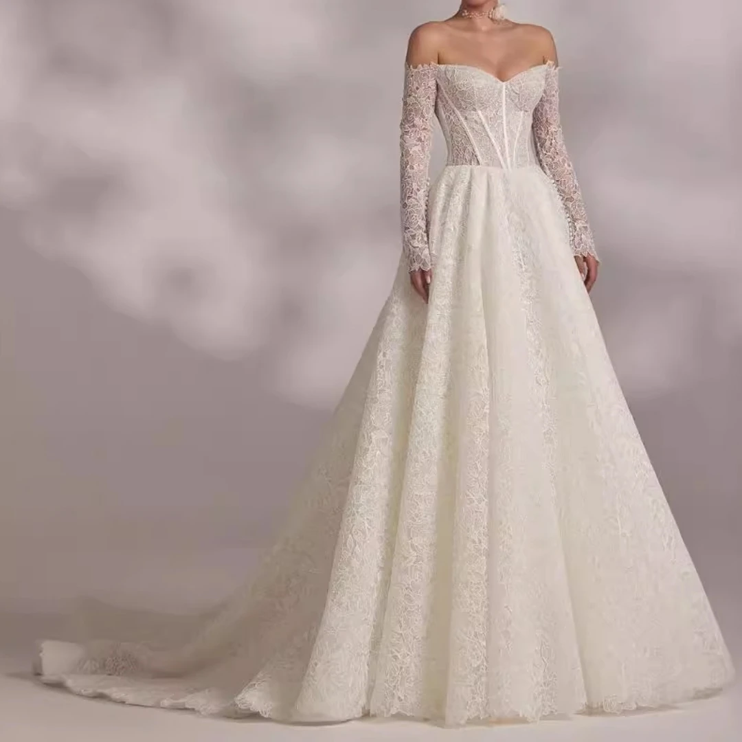 Customized Full Lace Wedding Dress Long Sleeve Off Shoulder Corset A Line Floor Length Bride Bridal Gown Vestido De Noiva Robes
Customized Full Lace Wedding Dress Long Sleeve Off Shoulder Corset A Line Floor Length Bride Bridal Gown Vestido De Noiva Robes