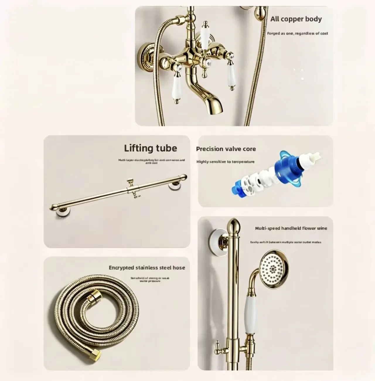 European Copper Vintage Shower Rod Lifting Rod with Slide Bar Bathtub Shower Set Hot and Cold Bathroom Household Gold Color
European Copper Vintage Shower Rod Lifting Rod with Slide Bar Bathtub Shower Set Hot and Cold Bathroom Household Gold Color