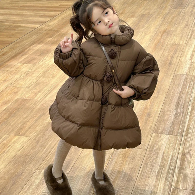 Длинная стильная модная куртка для девочек 1–8 лет, толстое сохраняющее тепло платье, стильное толстое теплое пальто с высоким воротником на молнии для детей