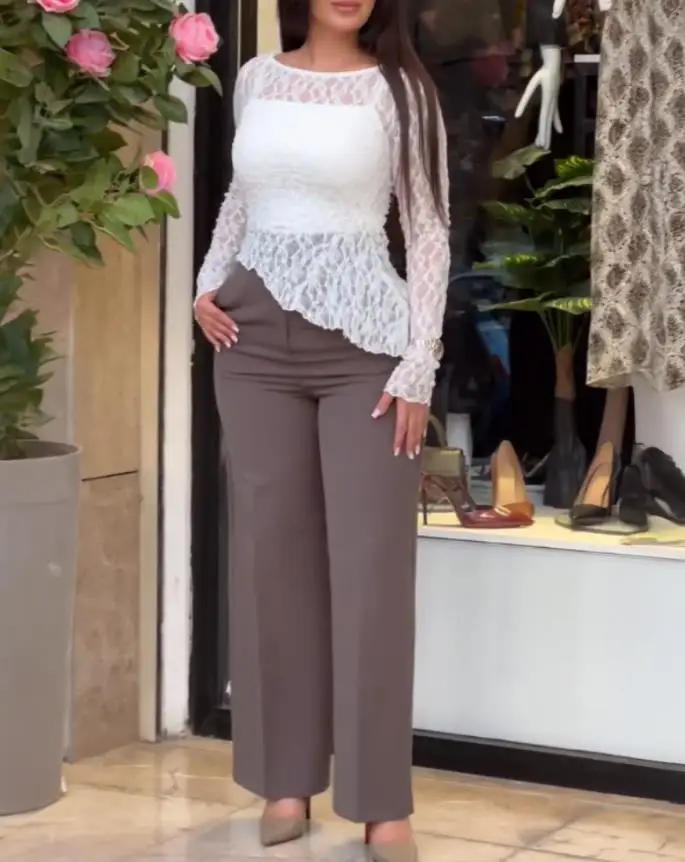 Sexy Y2K Top Women 2025 Spring Solid Color Long Sleeve Cinched Waist Asymmetrical Hem Casual Round Neck Textured Sheer Lace Top
Sexy Y2K Top Women 2025 Spring Solid Color Long Sleeve Cinched Waist Asymmetrical Hem Casual Round Neck Textured Sheer Lace Top