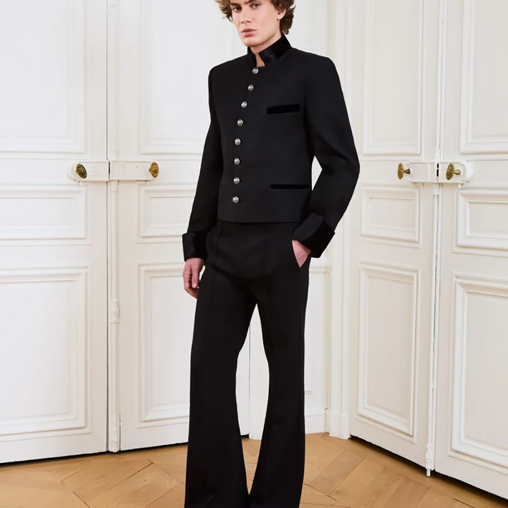 Modern Men's Black Stand Collar Formal Suit Slim Fit Single Breasted 2-Piece Jacket Pants Set with Velvet Pocket Trim for Party
Modern Men's Black Stand Collar Formal Suit Slim Fit Single Breasted 2-Piece Jacket Pants Set with Velvet Pocket Trim for Party
