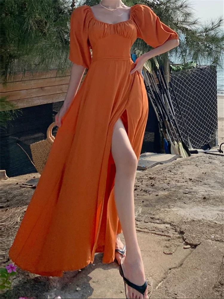 Orange Blue Summer Holiday Square Collar Backless Long Fairy Dress Resort Style Short Puff Sleeve High Split Maxi Dress Vestidos
Orange Blue Summer Holiday Square Collar Backless Long Fairy Dress Resort Style Short Puff Sleeve High Split Maxi Dress Vestidos