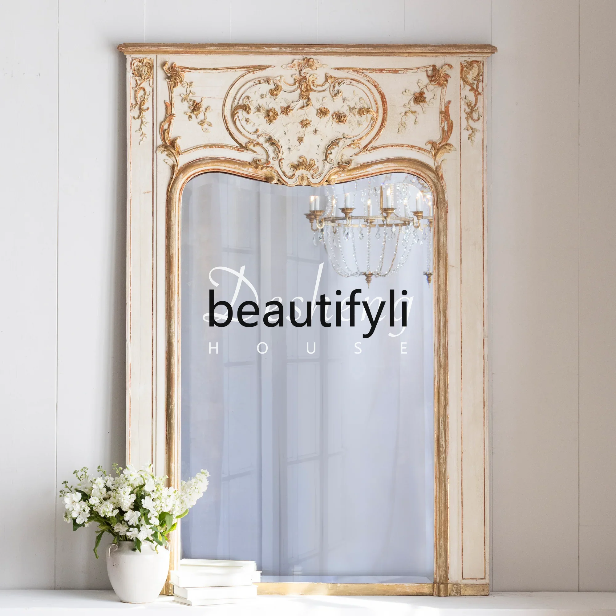 Gold cream old floor mirror European antique solid wood carving flower mirror
Gold cream old floor mirror European antique solid wood carving flower mirror
