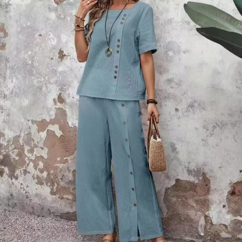 Women's Solid Color Short Sleeve O-neck Top Loose Straight Wide Leg Trouser Female Clothes Hot Selling Cotton Linen 2 Piece Sets
Women's Solid Color Short Sleeve O-neck Top Loose Straight Wide Leg Trouser Female Clothes Hot Selling Cotton Linen 2 Piece Sets