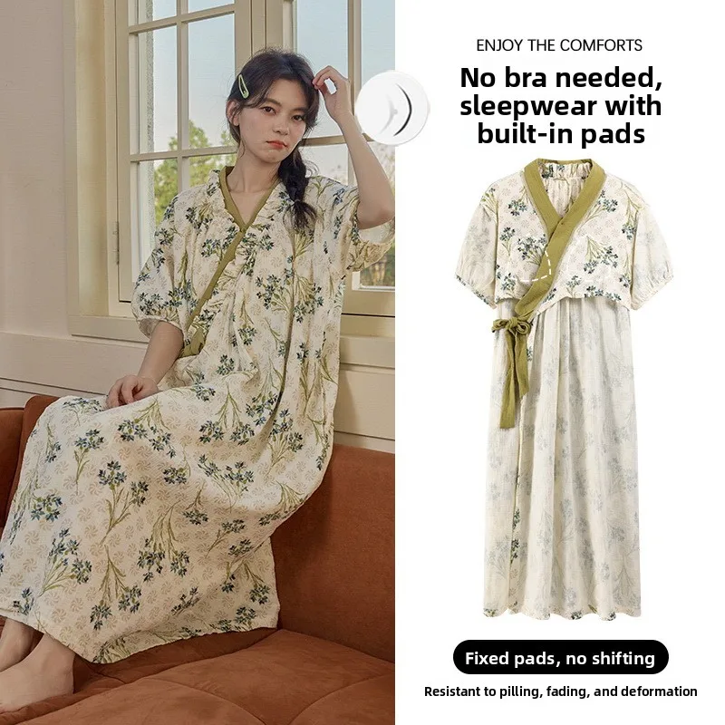 Summer Thin Short Sleeve Long Dress Women's Sleepwear Gown with Chest Pad Loose Fit Elegant Sweet Style Indoor Outdoor Wear
Summer Thin Short Sleeve Long Dress Women's Sleepwear Gown with Chest Pad Loose Fit Elegant Sweet Style Indoor Outdoor Wear