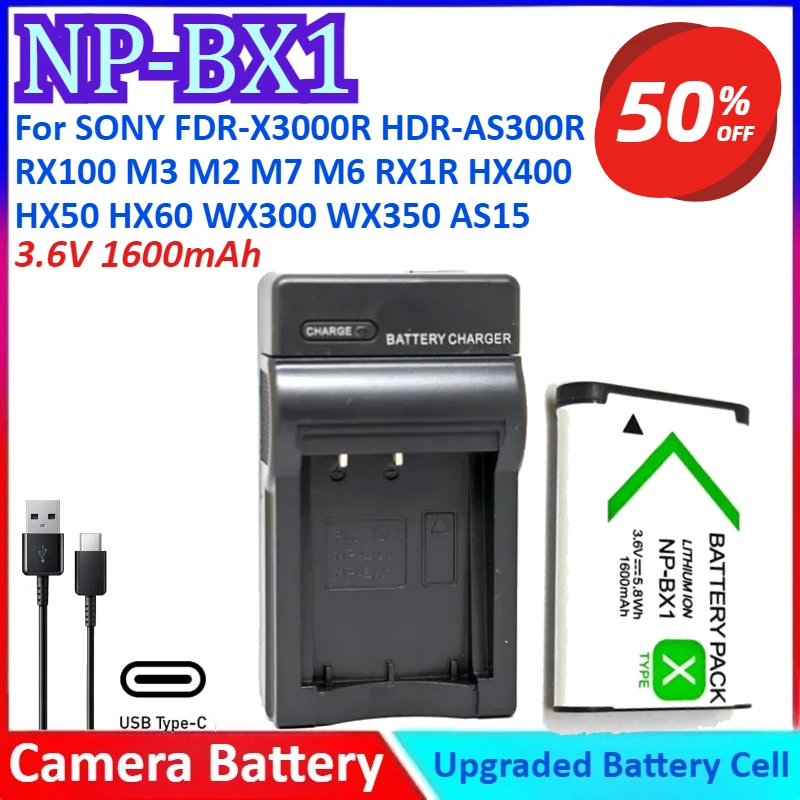 NP-BX1 3.6V 1600mAh Camera Battery+Charger For SONY FDR-X3000R HDR-AS300R RX100 M3 M7 M6 RX1R HX400 HX50 HX60 WX300 WX350 AS15
NP-BX1 3.6V 1600mAh Camera Battery+Charger For SONY FDR-X3000R HDR-AS300R RX100 M3 M7 M6 RX1R HX400 HX50 HX60 WX300 WX350 AS15