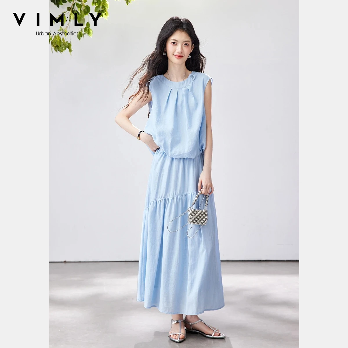 VIMLY Light Blue Vacation Skirt Set Women 2026 Summer Round Neck Sleeveless Shirt Bias Cut Patch Skirt Casual Two-Piece 30861
VIMLY Light Blue Vacation Skirt Set Women 2026 Summer Round Neck Sleeveless Shirt Bias Cut Patch Skirt Casual Two-Piece 30861
