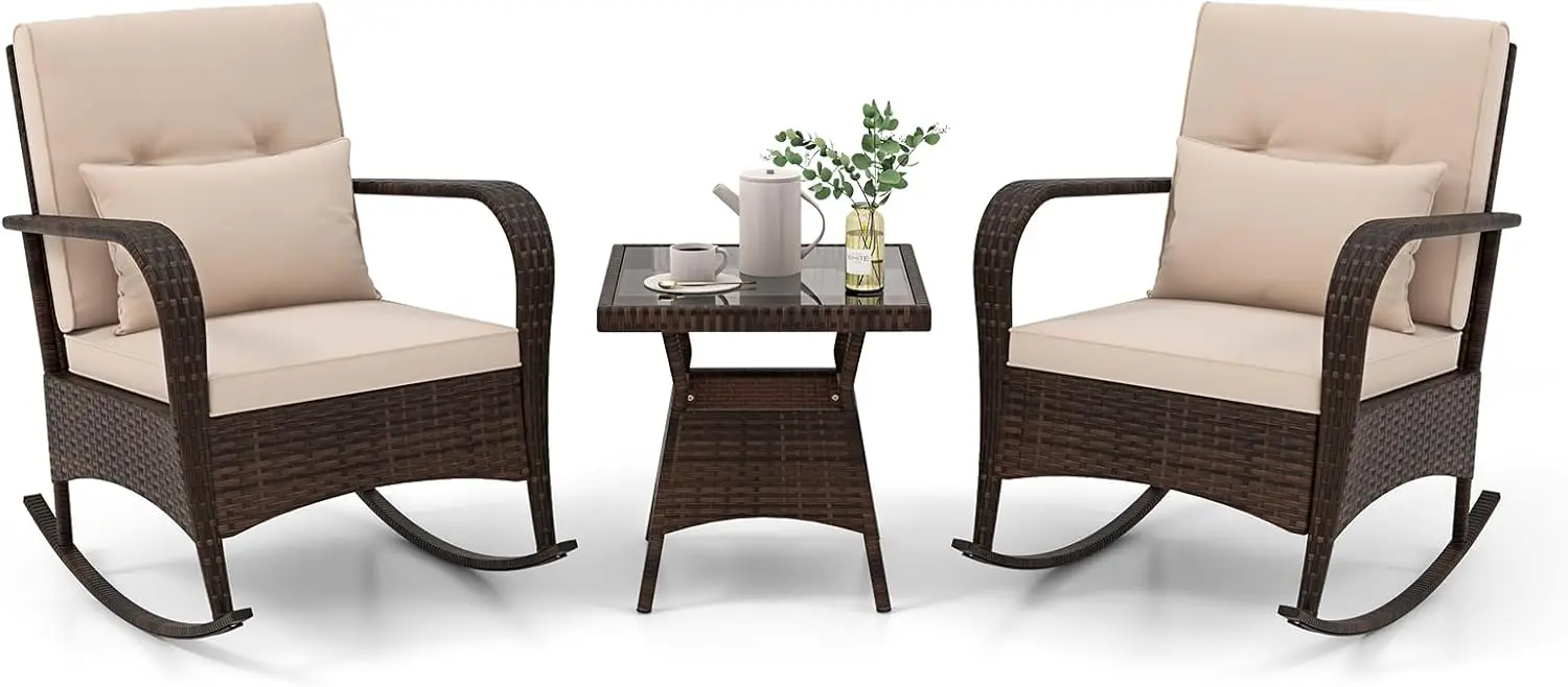 Tangkula 3 Pieces Rocking Bistro Set, Patiojoy Outdoor PE Rattan Rocker Chairs with Removable Cushions & Tempered Glass Top Coff
Tangkula 3 Pieces Rocking Bistro Set, Patiojoy Outdoor PE Rattan Rocker Chairs with Removable Cushions & Tempered Glass Top Coff